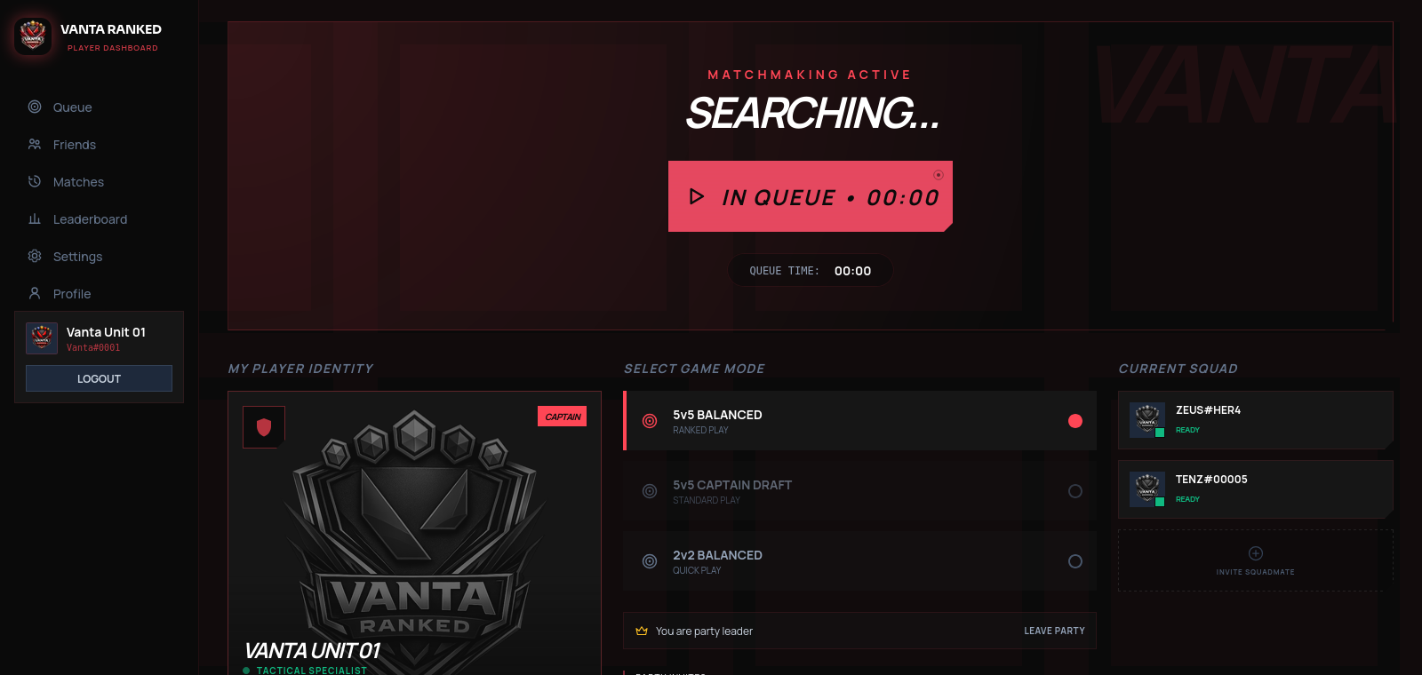 Vanta Ranked player dashboard screenshot